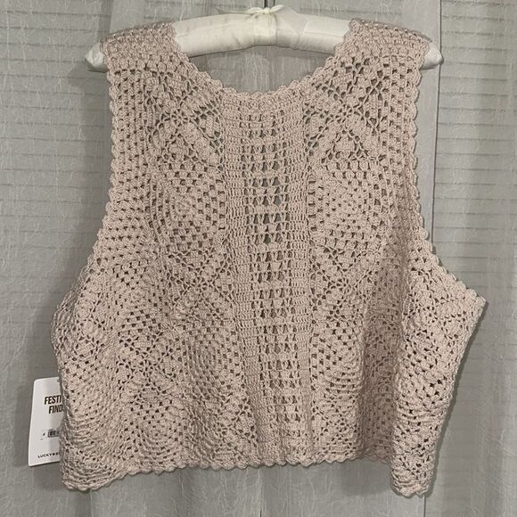 Lucky Brand XL Blush Pink Square Crochet Front Tie Cropped Festival Vest - Picture 10 of 15